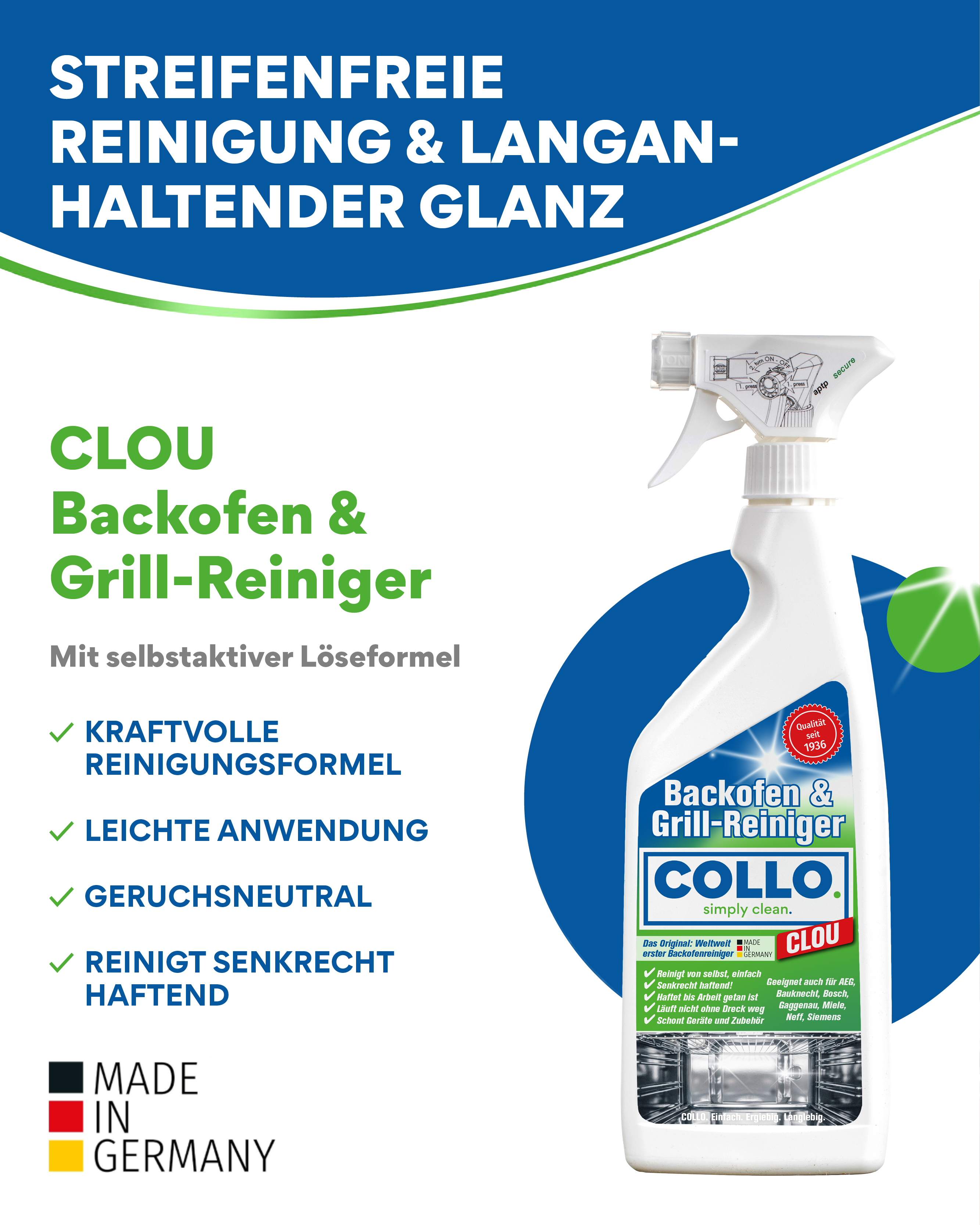 Flasche des CLOU Backofen- und Grillreinigers, 500 ml, mit aktivem Reinigungsschaum für gründliche Reinigung ohne Gerüche.